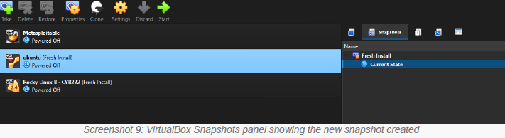 VirtualBox Manager Snapshots panel showing the Fresh Install snapshot