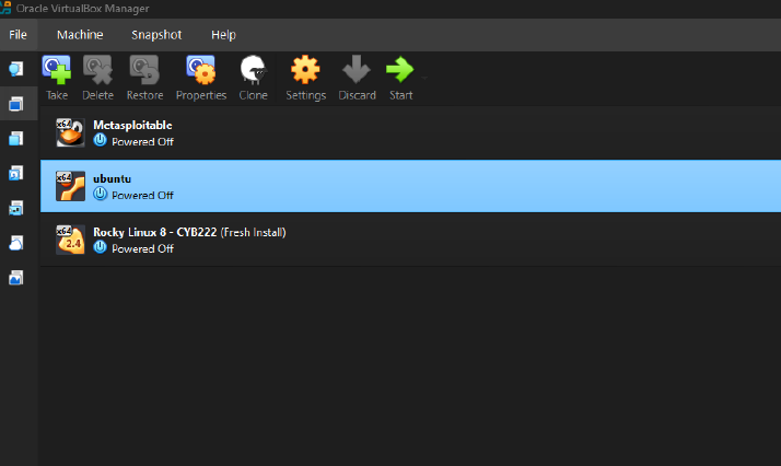 VirtualBox Manager showing Ubuntu VM alongside Rocky Linux and Metasploitable