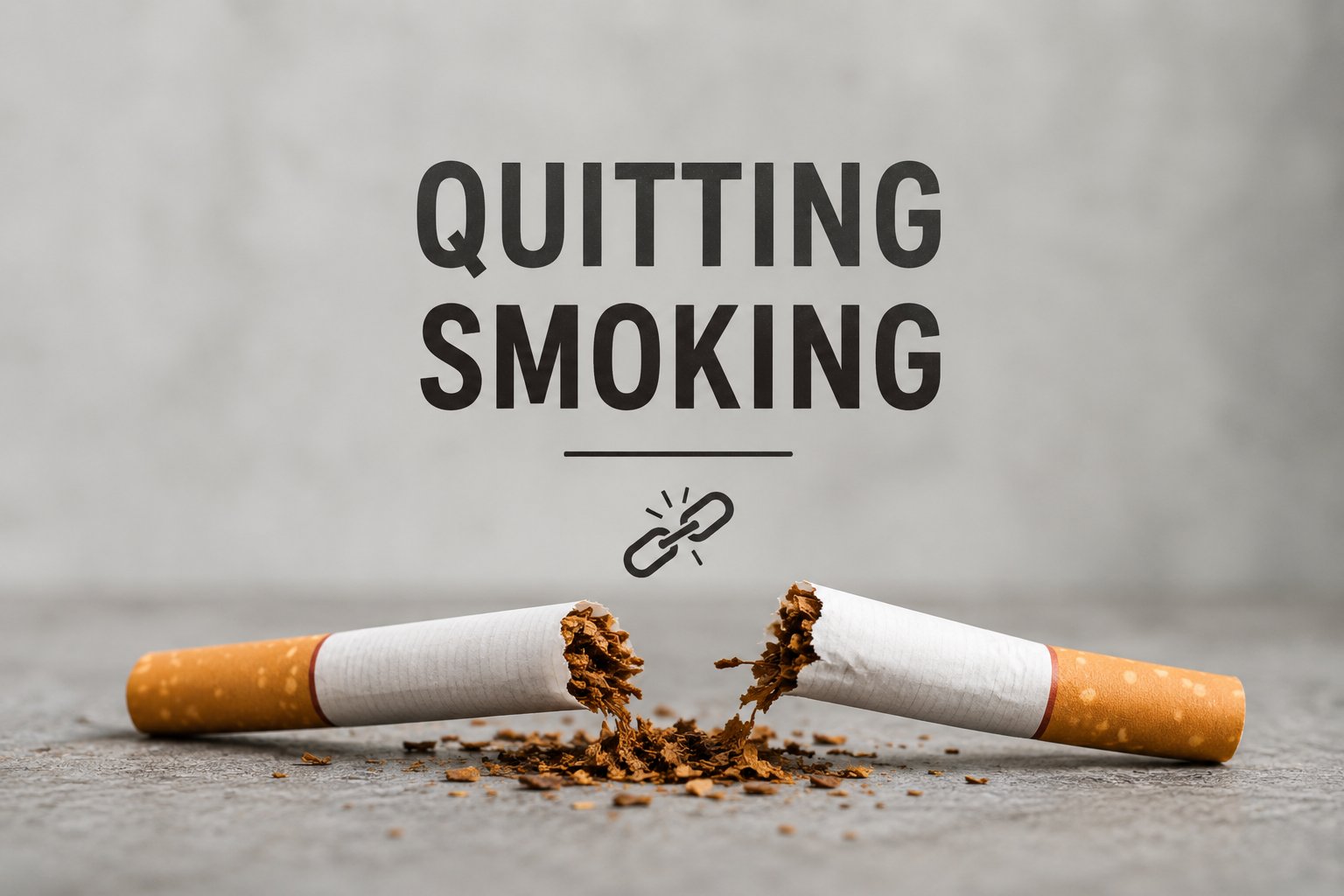 Broken cigarettes with QUITTING SMOKING text - powerful visual for smoking cessation