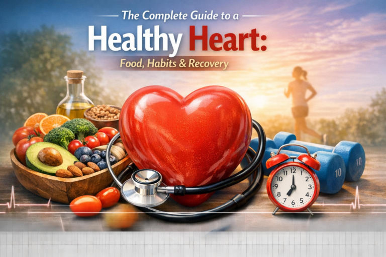 Illustrated guide showing best foods, healthy habits, smoking risks and heart recovery tips