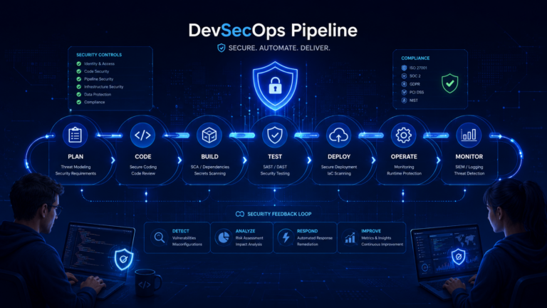 DevSecOps CI/CD pipeline with security automation, showing SAST, DAST and SCA in a modern development workflow