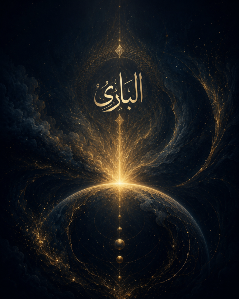 Al-Bari The Originator Islamic concept of divine creation, light emerging from darkness, Arabic calligraphy البارئ