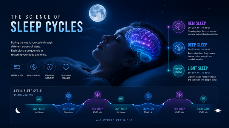 REM deep and light sleep cycles illustrated with brain activity during sleep stages