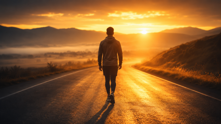 Man walking on an open road at golden sunrise symbolizing 200 days smoke-free after quitting smoking